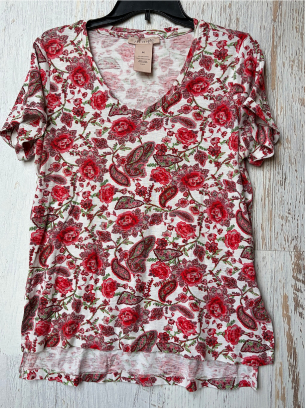Women's Philosophy Short Sleeve Tee, Size S, White and Red Floral Print
